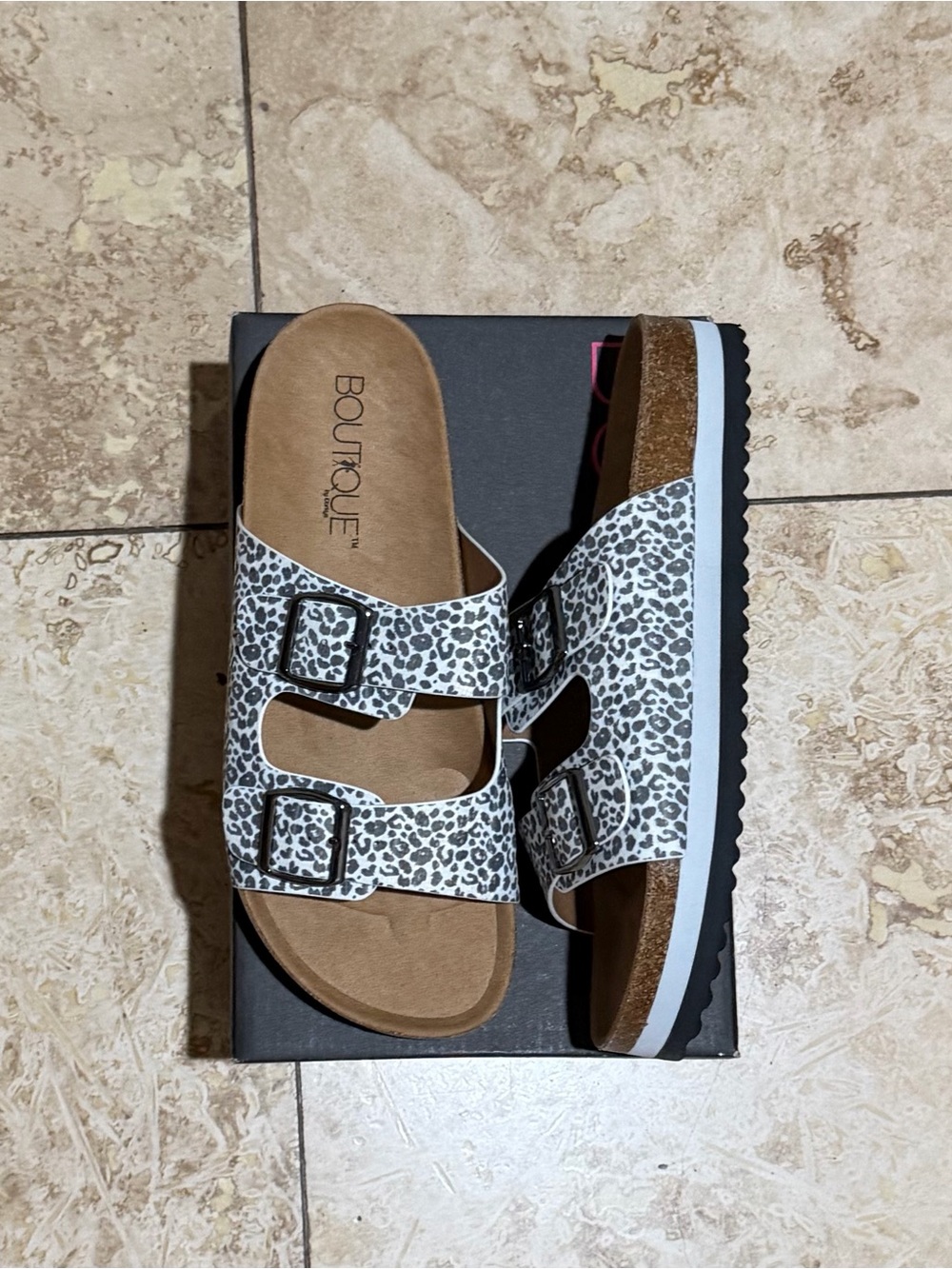 Boutique Ladies White Leopard Print Double Buckle Sandals
